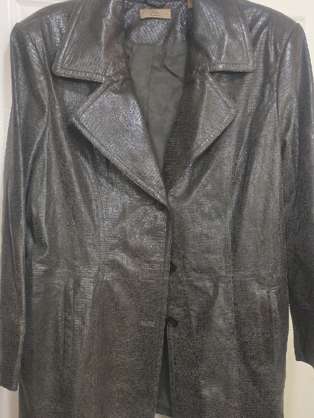 Khaki Brown Leather Knee-length Snake Print Coat
